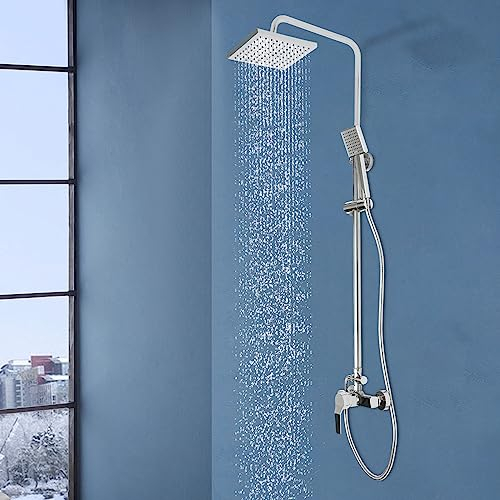 SICHENSH Duschsystem mit Thermostat, Regendusche mit Armatur, Duscharmatur Set mit Zwei Wasserstrahlmodi, Dusche Komplett mit Drehbares Design, Einstellbare Höhe Duschkopf (Silber)