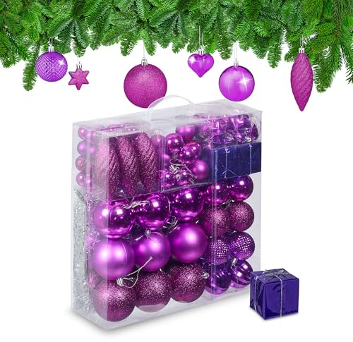 Relaxdays Weihnachtskugeln 110er Set, Kunststoff, Weihnachtsbaumdeko mit Kugeln & Lametta, Christbaumschmuck, Farbwahl