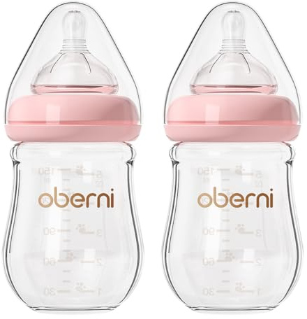 Glas Babyflasche 150ml mit Anti-Kolik Ventil & Weithals | Für Neugeborene 0-3 Monate | Silikonsauger Stufe S, Brustähnlich & BPA-Frei | Rosa | 2 Stück