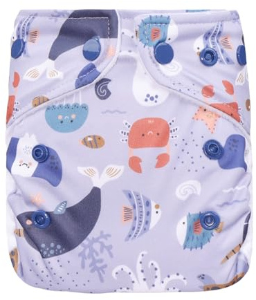 Lumina Überhose Neugeborene, Komfortable Stoffwindel für Neugeborene, 3-7kg | Windelhöschen mit Druckknöpfen für flexible Größenanpassung, weiche Windelhose mit Minky Beinbündchen, Sea Animals