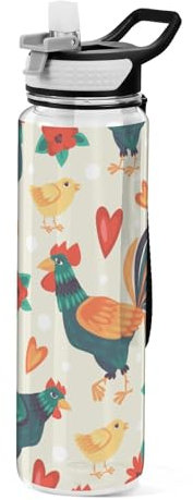 Mnsruu Transparente Sport-Wasserflasche mit Strohhalm, auslaufsichere Trinkflasche, Bauernhoftiere, Hühner und ein Hahn, Fahrradflaschen für Sport, Büro, Schule, BPA-freier Tritan-Kunststoff, 1 Liter