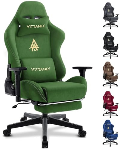 Vittanly Luxuriöser Wildlederimitat Gaming Stuhl, Bürostuhl, Grün | 3D Armlehnen, 90-155° Rückenlehne, Fußstütze, Kopfstütze und Lendenkissen, Ergonomischer Schreibtischstuhl, Gaming Chair