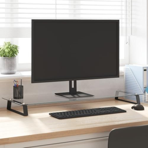 Xichuzi Monitorständer Schwarz 100x35x8 cm Hartglas und Metall, Monitor Erhöhung, Schreibtischaufsatz, Monitor Erhöhung Schreibtisch, Bildschirm Erhöhung, Schreibtisch Regalaufsatz - 374230