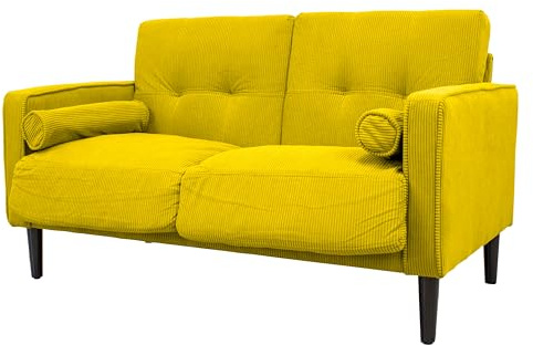 GARDENIA Festes Sofa Bezug aus Samt und Füllung aus Polyester, mit Beinen aus Holz und abnehmbaren Kissen Joy, Senf, 130 x 75 x 73 cm