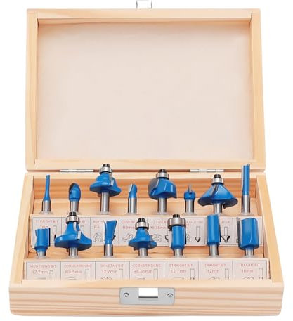 TwoWin Router Bits Set of 15 Pieces 1/4 Inch Woodwork Tools, Tipped Router Bits with Wooden Box,Suitable for Doors, Tables, Shelves, Cabinets, DIY Woodwork