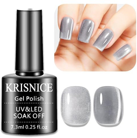 KRISNICE Glass Cat Eye Gel Nail Polish, 7.3mL Silver Grey Glitter Moonlight Cat Eye Effect Soak Off UV LED Gel Polish for Nail Art Manicure Salon Home DIY(KMY1-004-04)