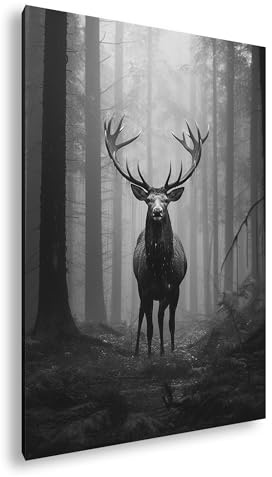 deyoli Leinwandbild Erhabener Hirsch im mystischen Nebelwald. Format: 70x50cm Effekt:Schwarz&Weiß XXL Kunstdruck Bild auf Holzrahmen/Wandbild/Wohnzimmer Dekoration