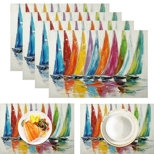 Spring Stoff-Tischsets – Buntes Ölgemälde Geometrisches Segelboot – 6 Pack – 45X30Cm – Hitzebeständige, Waschbare Tischsets Platzsets Für Die Küche, Den Esstisch, Tischset Aus Leinen