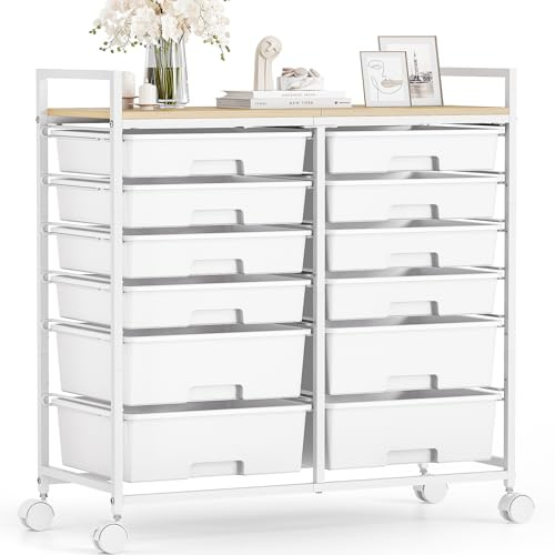 12-Drawer-Plastic-Rolling-Storage-Utility-Craft-Organizer-Trolley-Cart on Wheels with Wooden Tabletop for Home, Office, Classroom, Makeup, White