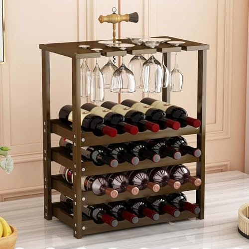 LQSYBHD Étagère à Vin en Bambou à 4 Niveaux avec Support pour Verres, étagère de Rangement Autonome pour Bar, Cuisine, Salon, Cave à Vin, 54 X 25 X 56 Cm