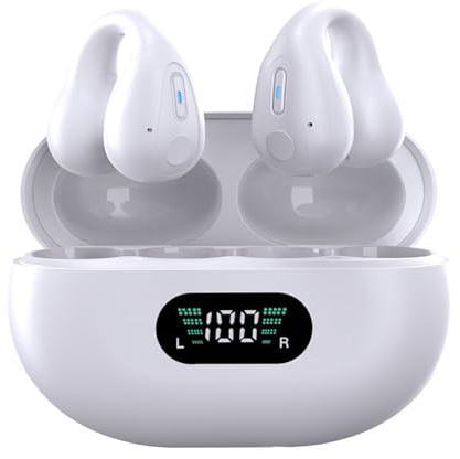 plplaaoo Ear Clip Bluetooth Earbuds Open Ear Bone Conduction Wireless Headphones with LED Display Charging Case 36H Playtime for Running Gym Sports PC ABS Material (Ceramic White)