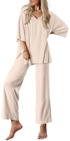 Ekouaer Lounge Sets for Women Pajamas Set Short Sleeve Tops and Long Pants Soft 2 Piece Outfits with Pockets Beige Medium