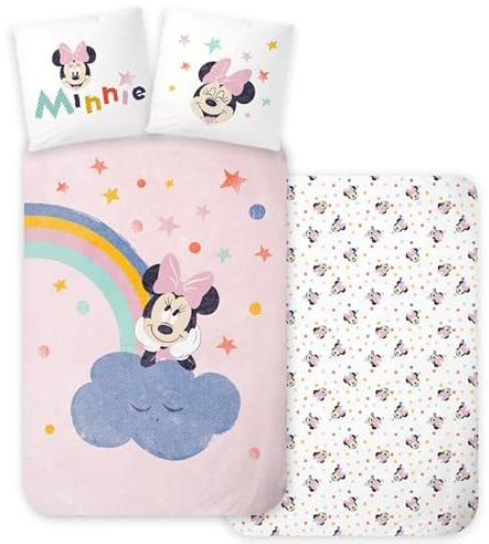 Minnie Maus Regenbogen Babybettwäsche 100x135 + Kissenbezug 40x60 Baumwolle | Baby-Bettwäsche | Kinderbett 60x120 & 70x140 | Sanftes Nickerchen auf einer Wolke | Offizielle Disney Lizenz