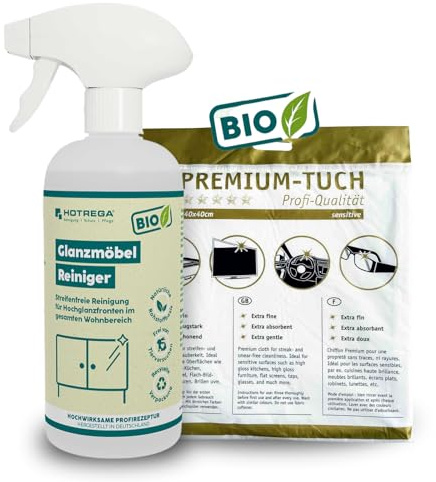 HOTREGA BIO Möbelreiniger 500ml | Spray für Hochglanzmöbel & Fronten | Ökologische Reinigung ohne Streifen | Anti-Fingerprint-Effekt | Pflegt Glas, Kunststoff, Edelstahl, Küche und Bad