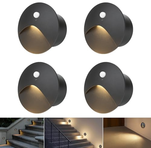 Arotelicht 4er Set LED Treppenbeleuchtung mit Bewegungsmelder, Außen Innen, Warmweiß 3000K, runde schwarze Einbaustrahler, 3W, Ø60mm Nicht Standard-Einbaukästen, AC85-265V, Stufenlichter für Treppe