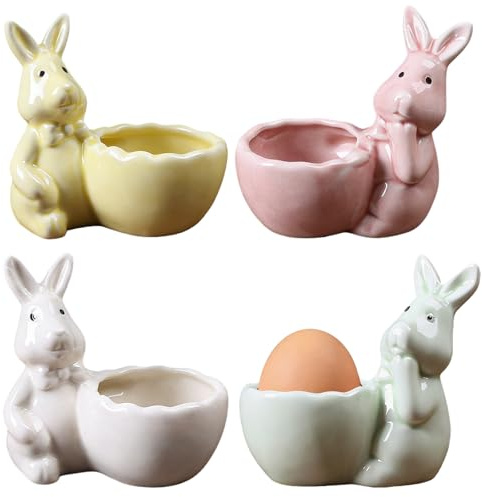 Yanrunce 4 Piezas Hueveras de Porcelana de Conejo, Soporte de Huevos, Adorables y Elegantes para Mesa de Desayuno, Regalo Decorativo para Pascua, Navidad y Cumpleaños