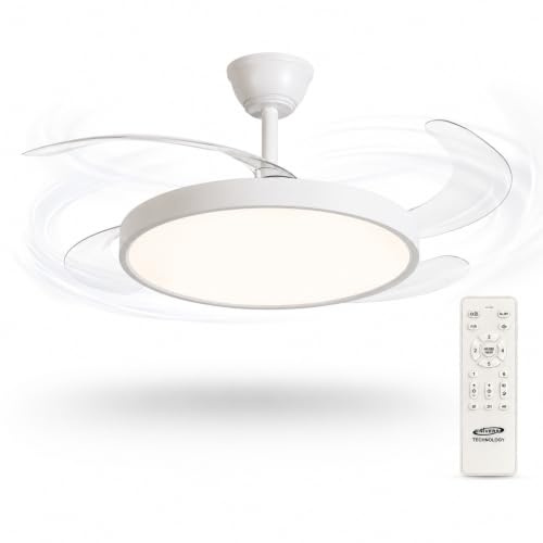 maolo Ventilatore da Soffitto con Luce LED 40W e Pale Retrattili Ø107 cm | Motore DC Silenzioso 30W | CCT 3000K 4000K 6500K | Telecomando e Memoria | Bianco