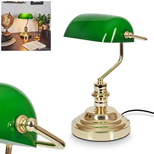 Lampada classica da banco, lampada da tavolo retrò in metallo in ottone lucido, paralume in vetro verde, attacco E27, lampada da tavolo per ufficio e scrivania, senza lampadina/e