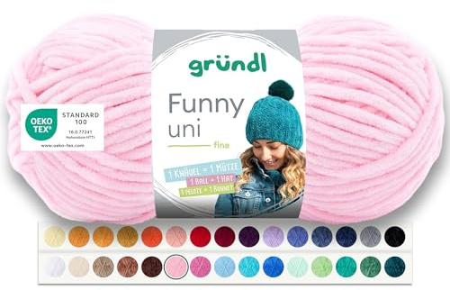Gründl Wolle Funny uni Chenille Wolle 1 Knäuel 100 g, Pastellrosa | dicke weiche Chenille Wolle zum Häkeln - Kuschelig und hautfreundlich - 100 % Polyester - 100 g / 120 m - Nadelstärke 5 - 6