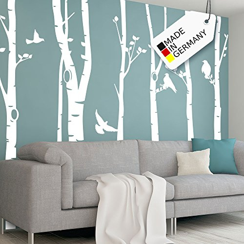 Grandora Wandtattoo XXL Birkenstämme Vögel I hellgrau (BxH) 267 x 250 cm I Birke Flur Wohnzimmer Sticker Aufkleber Wandsticker Wandaufkleber Bäume W5449