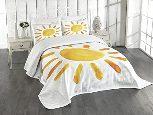 ABAKUHAUS Grunge Tagesdecke Set, Aquarell Sun Childish, Set mit Kissenbezügen Kein verblassen, für Doppelbetten 220 x 220 cm,Gelb