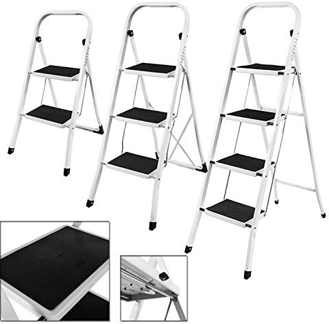 3 Step Ladder, Heavy Duty Steel, Folding, Portable, Compact with Anti-Slip Mat Max Load Capacity up to 150 kg Tested and Certified