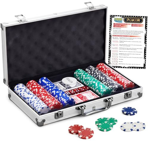 Gamie Poker Set in Aluminum Case, Casino Poker chip Kit with 300 Chips, 2 Decks of Playing Cards, 5 Dice, and 1 Deluxe Case, Fun Game Night Supplies, Best Poker Gifts for Teens and Adults, Black