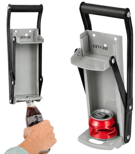 DIVCHI Can Crushers 2-in-1 Heavy Duty – Wall Mounted 16oz/500ml Beer & Soda Can Crusher with Built-in Bottle Opener, Bend-Resistant Steel, Non-Slip Grip Handle, Easy Install – Silver