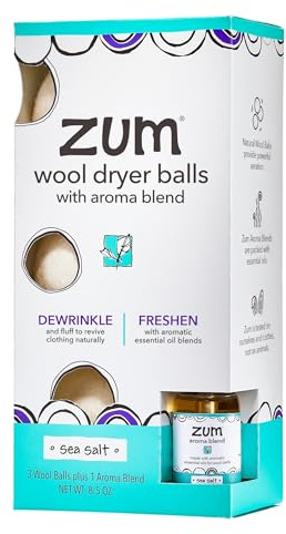 Zum Indigo Wild Laundry Dryer Balls Kit - Wool Laundry Balls for The Dryer - Essential Oil Spray - Reusable Drying Balls for Laundry - Sea Salt - (3 Dryer Balls, 1 Aroma Blend)