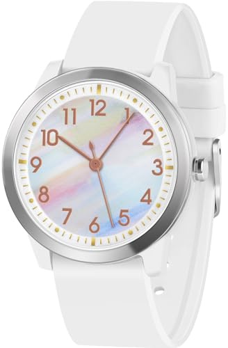 PROKING Kids Watch for Girls Boys Children Teens Analog for Kid 5-18 Years Old Learning Time and Easy to Read 50M Waterproof with Soft Band, Great Gift for Kids (White - Rainbow Dial)