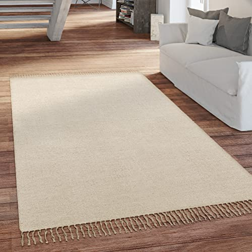 Paco Home Tappeto Salotto Trama Piatta Con Frange Tessuto A Mano Monocolore, Dimensione:80x250 cm, Colore:Beige