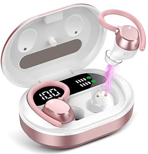 Ear Buds Wireless Earbuds, HiFi Stereo Bluetooth 5.3 Running Headphones with Dual LED Display 30Hrs Playtime, Built-in Mic, Type-C, in-Ear Bluetooth Earphones with Earhooks for Sport, Rose Gold