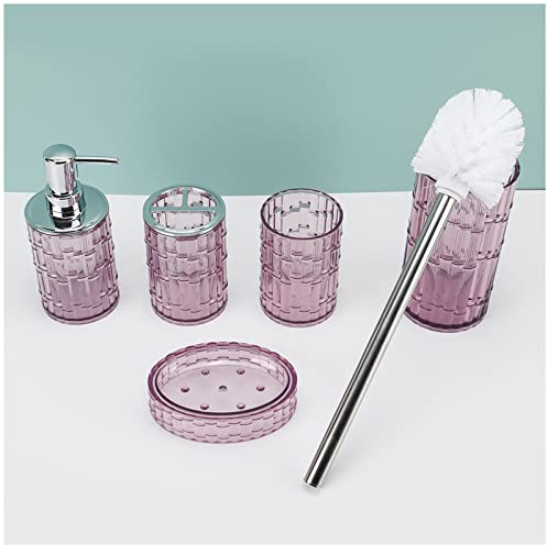 SWHC Juegos de Accesorios de baño, Simple Resina Acesorios Cuartos de Baño 5 Piezas con Escobillas de Baño Dispensador Jabon Baño Jabonera Baño Porta Cepillo de Dientes Morado