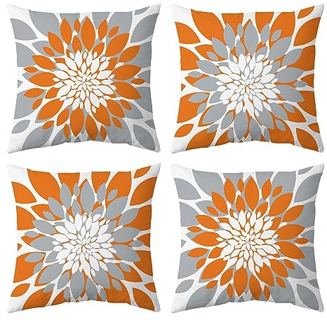 Qahing Lot de 4 Housses de Coussin carrées décoratives et imperméables pour extérieur, Meubles de Jardin, canapé, Tente, Parasol, Banc, Orange Gris, 40,6 x 40,6 cm