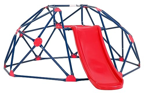 LIFEZEAL Cúpula para Escalar con Tobogán, Marco de Metal para Patio, Centro de Actividades con Escalera y Plataforma de Tela, área de Juegos Interior y Exterior para Niños de 3 a 10 Años (Azul+Rojo)