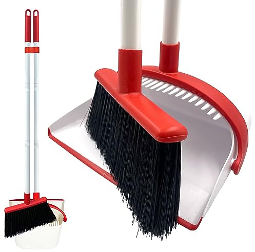Long Handled Dustpan and Brush Set – Broom and Dustpan Set Reduce Bending Tall Lobby Dustpan and Sweeping Brush (White & Red)
