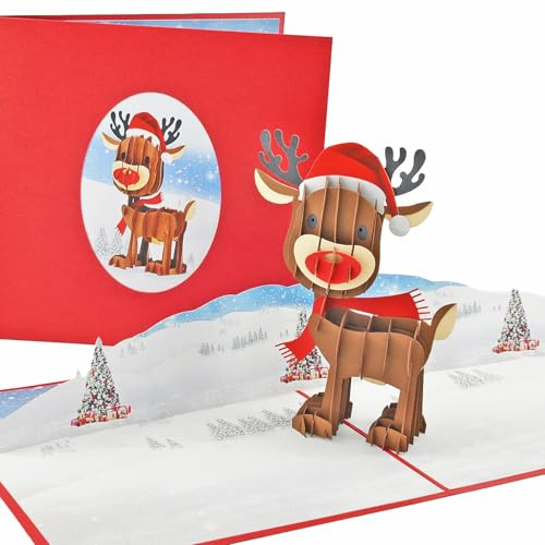 Favour Pop Up® - Biglietto di Natale 3D – un divertente biglietto di auguri di Natale con la piccola renna nel paesaggio invernale – ideale per regali in denaro o buoni.