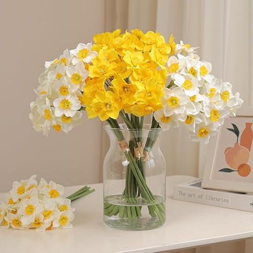 JOYHAZE künstliche Narzissen, 12-teilige Seide Narzisse Lange Stiel Blumen Sträuße für Home Party Garten Hochzeit Dekor, Blumenarrangements, Tisch Mittelstücke (Weiß+Gelb)