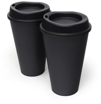 Rolling Sands USA Made 16 oz Reusable Coffee Cups with Lids 2 Pk, To Go Travel Cups, Hot or Cold Drinks, Dishwasher and Microwave Safe, Black