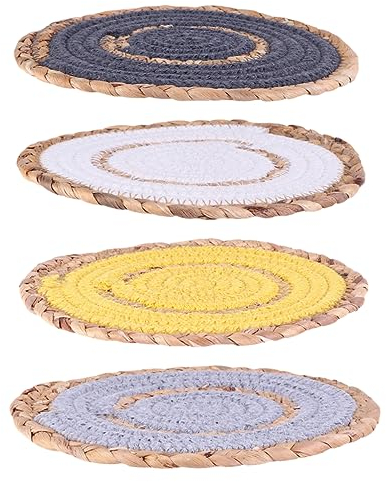Zerodeko 4 Stück Runde Tischsets aus Baumwolle und Stroh Japanisches Platzdeckchen Hitzeisolierend Leicht zu Reinigen für Esstisch und Teekanne