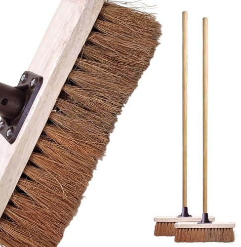 10” Soft Broom Natural Coco Bristles Cleaning Broom with Wooden Handle Durable Support Bracket Sweeping Brush Indoor for Cleaning Wooden Floor, Patios, Garage, Decking (Soft Coco Broom Pack of 2)