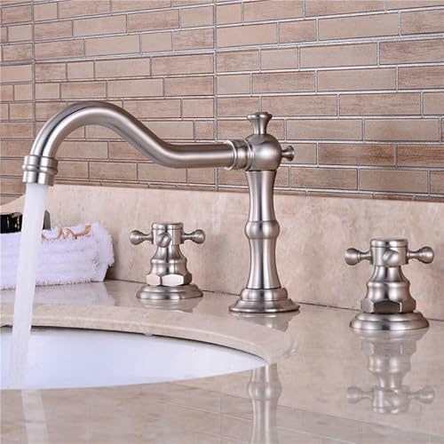 ZYCDP Wasserhahn Bad 3 Loch Zweigriff Waschtischarmatur Retro Bad Mischbatterie Kaltes und Heißes für Badezimmer, Gebürstet