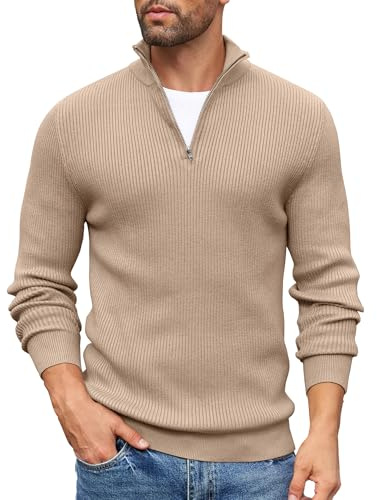 COOFANDY Maglione Uomo Invernale a Striscia Maglione Dolcevita con Zip 1/4 Pullover a Maniche Lunghe in Maglia a Costine Manica Lunga Sweater Cachi 3XL