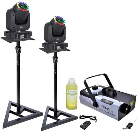 Ibiza - Pack de 2 Lyres LED RGB Ibiza Light E-SPOT100 100W - 2 Pieds Supports SST02 - Machine Fumée 1200W - Pro Fête Anniversaire Dj