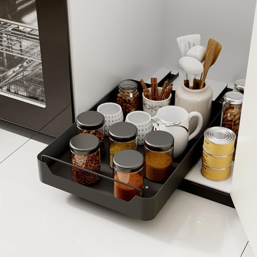 Giklux 35CM Ausziehbarer Schrank Organizer für Gewürzregal, Küchen, Schlafzimmer, Kleiderschrank, Teleskopschublade Zum Kleben, Küchenschrank Organizer Ausziehbar, Schwarz