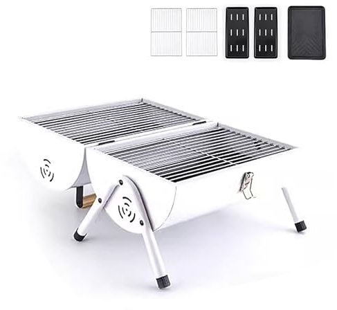 Rechauds Camping avec Poignée de Transport et Couvercle, Poêle À Bois avec Affichage de La Température, Surface de Cuisson Double Face pour Les Barbecues(White)