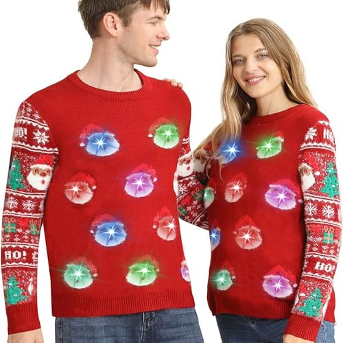 Kouric Jersey Navideño con Luces,Jersey Navideño Hombre/Mujer con Estampado de Papá Noel,Christmas Ugly Sweater,Suéter Navidad Divertido,Jerseys Navideños Feos,Jerseys Navidad Pareja-Rojo