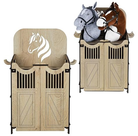 Hoofly® Hobby Horse Stall 2 Pferde – Praktische Halterung für Steckenpferde | Hochwertiger Hobby Horsing Pferdestall Holz mit Türen, Haken & Stecksystem | Designed in Germany – Stabil & Nachhaltig