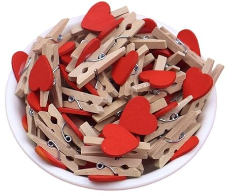 Rockreyoa Mollette in legno a forma di cuore, mini mollette decorative, colore rosso