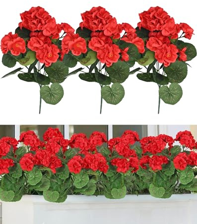 TINGSING 3 flores artificiales de geranios para exteriores, geranios sintéticos rojos de 14 pulgadas para macetas al aire libre, flores de seda realistas para exteriores, interiores, jardín
